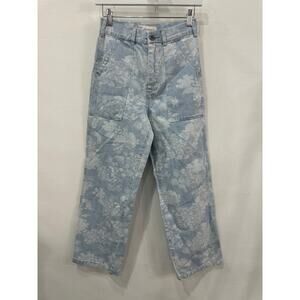 The Great Cotton Denim Floral Print Straight Jeans Light Blue Women's Size 24